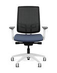 Front view of the Highback SitonIt Focus 2.0 Ergonomic Desk Chair in a black mesh, white frame, sapphire vinyl fabric seat. Kansas City Office Design