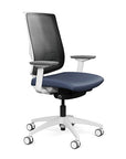 Side view of the Highback SitonIt Focus 2.0 Ergonomic Desk Chair in a black mesh, white frame, sapphire vinyl fabric seat. Kansas City Office Design