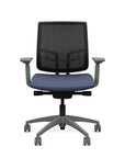 Front view of the Medback SitonIt Focus 2.0 Ergonomic Desk Chair in a black mesh, fog frame, sapphire vinyl fabric seat. Kansas City Office Design