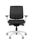 Front view of the Medback SitonIt Focus 2.0 Ergonomic Desk Chair in a black mesh, white frame, black vinyl fabric seat. Kansas City Office Design