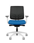Front view of the Medback SitonIt Focus 2.0 Ergonomic Desk Chair in a black mesh, white frame, blue fabric seat. Kansas City Office Design
