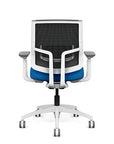 Back view of the Medback SitonIt Focus 2.0 Ergonomic Desk Chair in a black mesh, white frame, blue fabric seat. Kansas City Office Design