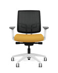 Front view of the Medback SitonIt Focus 2.0 Ergonomic Desk Chair in a black mesh, white frame, gold fabric seat. Kansas City Office Design