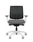 Front view of the Medback SitonIt Focus 2.0 Ergonomic Desk Chair in a black mesh, white frame, gray fabric seat. Kansas City Office Design