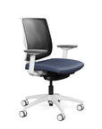 Side view of the Medback SitonIt Focus 2.0 Ergonomic Desk Chair in a black mesh, white frame, sapphire vinyl fabric seat. Kansas City Office Design