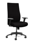Front view of the SitOnIt Prava highback chair in black frame and black fabric. Kansas City Office Design