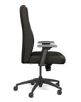 Side view of the SitOnIt Prava highback chair in black frame and black vinyl fabric. Kansas City Office Design