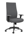 Front view of the SitOnIt Prava highback chair in black frame and gray fabric. Kansas City Office Design