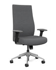 Front view of the SitOnIt Prava highback chair in brushed aluminum frame and gray fabric. Kansas City Office Design