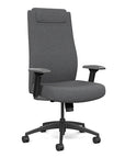Front view of the SitOnIt Prava highback chair with a headrest in black frame and gray fabric. Kansas City Office Design