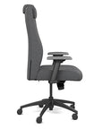 Side view of the SitOnIt Prava highback chair with a headrest in black frame and gray fabric. Kansas City Office Design