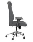 Side view of the SitOnIt Prava highback chair with a headrest in brushed aluminum frame and gray fabric. Kansas City Office Design