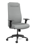Front view of the SitOnIt Prava highback chair with a headrest in black frame and Platinum Vinyl fabric. Kansas City Office Design