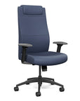 Front view of the SitOnIt Prava highback chair with a headrest in black frame and Sapphire Vinyl fabric. Kansas City Office Design