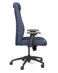 Side view of the SitOnIt Prava highback chair with a headrest in black frame and Sapphire Vinyl fabric. Kansas City Office Design