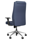Back view of the SitOnIt Prava highback chair with a headrest in brushed aluminum frame and Sapphire Vinyl fabric. Kansas City Office Design
