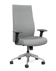 Front view of the SitOnIt Prava highback chair in brushed aluminum frame and Platinum Vinyl fabric. Kansas City Office Design