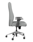 Side view of the SitOnIt Prava highback chair in brushed aluminum frame and Platinum Vinyl fabric. Kansas City Office Design