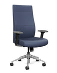 Front view of the SitOnIt Prava highback chair in brushed aluminum frame and Sapphire Vinyl fabric. Kansas City Office Design