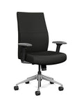 Front view of the SitOnIt Prava midback chair in brushed aluminum frame and black vinyl fabric. Kansas City Office Design