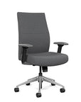 Front view of the SitOnIt Prava midback chair in brushed aluminum frame and gray fabric. Kansas City Office Design
