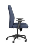 Side view of the SitOnIt Prava midback chair in black frame and Sapphire Vinyl fabric. Kansas City Office Design