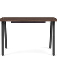 Front view of the SitOnIt Reya Office Desk with Angled Metal Legs. The legs are black with a walnut top. Kansas City Office Furniture