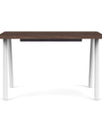 Front view of the SitOnIt Reya Office Desk with Angled Metal Legs. The legs are white with a walnut top. Kansas City Office Furniture