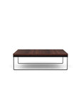 Side view of the SitOnIt Square Coffee Table in Designer Colombian Walnut Laminate and Black Frame. Kansas City Office Design.