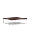 Front view of the SitOnIt Square Coffee Table in Designer Colombian Walnut Laminate and Chrome Frame. Kansas City Office Design.