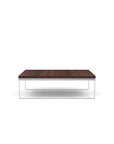 Side view of the SitOnIt Square Coffee Table in Designer Colombian Walnut Laminate and Chrome Frame. Kansas City Office Design.