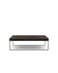 Side view of the SitOnIt Square Coffee Table in Designer Skyline Walnut Laminate and Black Frame. Kansas City Office Design.