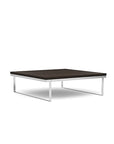 Front view of the SitOnIt Square Coffee Table in Designer Skyline Walnut Laminate and Chrome Frame. Kansas City Office Design.