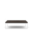 Side view of the SitOnIt Square Coffee Table in Designer Skyline Walnut Laminate and Chrome Frame. Kansas City Office Design.