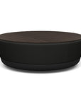 SitonIt Pasea Large Round Ottoman with Black Vinyl Fabric and Skyline Walnut Laminate Top. Kansas City Office Design.