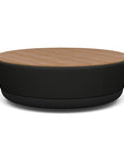 SitonIt Pasea Large Round Ottoman with Black Vinyl Fabric and Uptown Walnut Laminate Top. Kansas City Office Design.