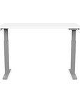 Front view of the SitonIt Switchback Height Adjustable Sit-to-Stand Desk. It has a Silver base with a 27"D x 54"W White top - Kansas City Office Furniture