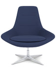 Front View of the Modern Via Astro Lounge chair with a Origin Sapphire Blue cushioned seat and backrest, Silver base, on a white background, Kansas City Office Design.