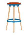 Via Joi Bar stool with orange seat, Blue Poly trim, and wood base on a white background. Kansas City Office Design.