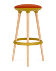 Via Joi Bar stool with orange seat, Gold Poly trim, and wood base on a white background. Kansas City Office Design.