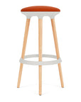 Via Joi Bar stool with orange seat, white Poly trim, and wood base on a white background. Kansas City Office Design.