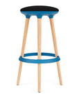 Via Joi Bar stool with black seat, Blue Poly trim, and wood base on a white background. Kansas City Office Design.