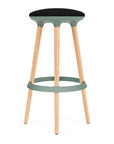 Via Joi Bar stool with black seat, Green Poly trim, and wood base on a white background. Kansas City Office Design.
