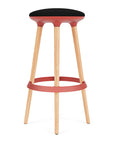 Via Joi Bar stool with black seat, Red Poly trim, and wood base on a white background. Kansas City Office Design.