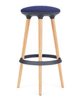 Via Joi Bar stool with black seat, Blue Poly trim, and wood base on a white background. Kansas City Office Design.