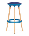Via Joi Bar stool with blue seat, Blue Poly trim, and wood base on a white background. Kansas City Office Design.