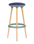 Via Joi Bar stool with blue seat, green Poly trim, and wood base on a white background. Kansas City Office Design.