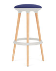 Via Joi Bar stool with blue seat, white Poly trim, and wood base on a white background. Kansas City Office Design.