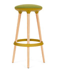Via Joi Bar stool with green seat, Gold Poly trim, and wood base on a white background. Kansas City Office Design.
