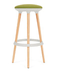 Via Joi Bar stool with green seat, white Poly trim, and wood base on a white background. Kansas City Office Design.